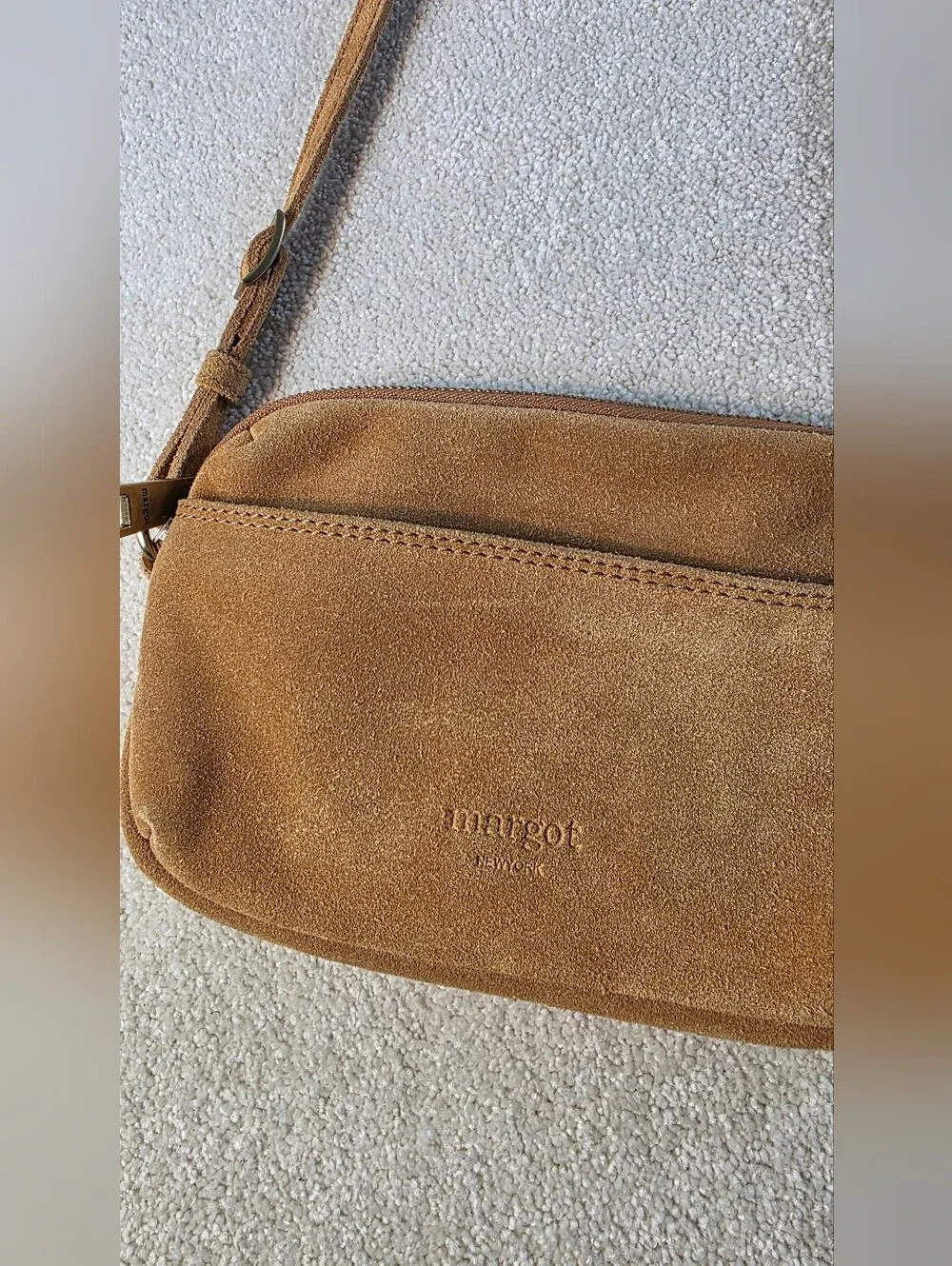 Margot New York Tan Suede Crossbody Mini Bag Card Inserts Minimalist Classic OS